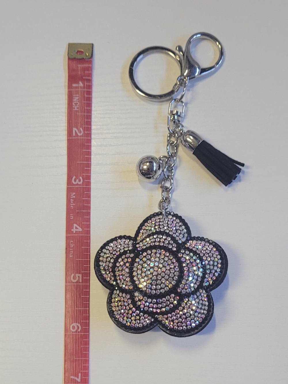 Crystal Flower Tassel Keychain Bag Charm - Black